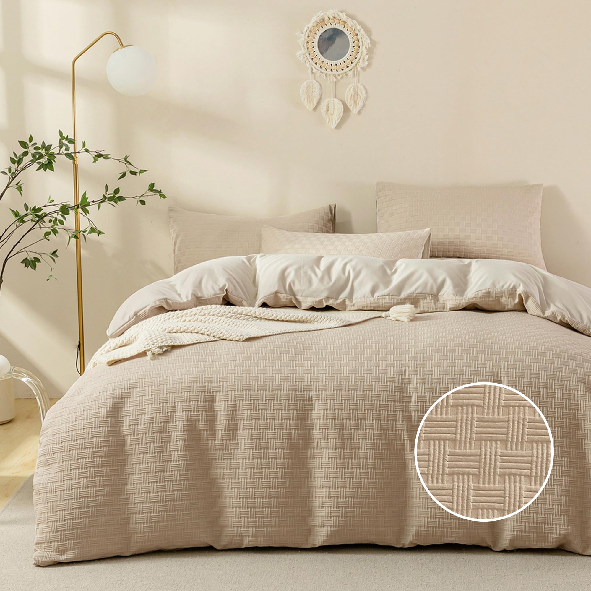 Jellymoni Khaki Duvet Cover King Size - 3 Pieces Soft And Breathable Microfiber Knitted Jacquard Waffle Weave Striped Comforter